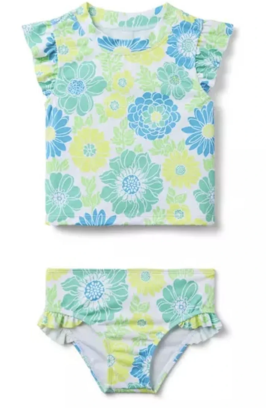 Janie and Jack Girl's 6 Bright Green Floral Ruffle Rashguard Swimsuit Set K17-2